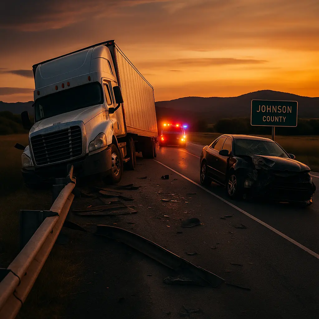 A realistic, high-resolution image showing the aftermath of a semi-truck accident on a rural Texas highway. The scene features a jackknifed 18-wheeler with visible damage and emergency lights in the background at dusk. Include a broken guardrail and a mangled car nearby, but no injured people or bodies. In the distance, rolling hills and a highway sign indicate Johnson County, Texas. 